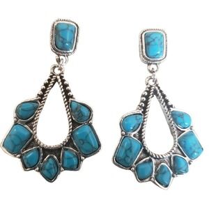 Boho Blue‎ Faux Turquoise Drop Dangle Earrings 925 Silver Plated Colorful